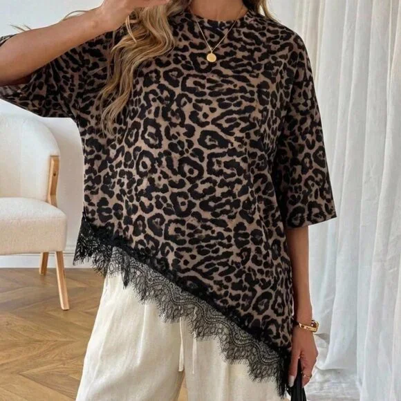 Multicolor Casual Women's Leopard Print Lace Patchwork Short Sleeve T-Shirt - Picture 2 of 9